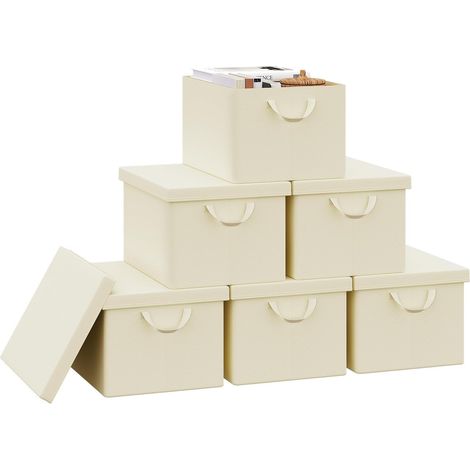 Lot de 6 Boîte de Rangement WOLTU, 43x33x26 cm, avec Couvercle, Coffre de Rangement en Tissu non Tissé, Pliable, Crème