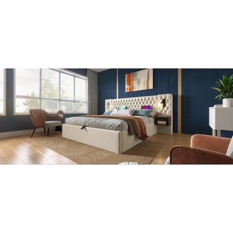 Lit coffre hydraulique 180x200 avec rangement 2 tables USB beige (1/5)