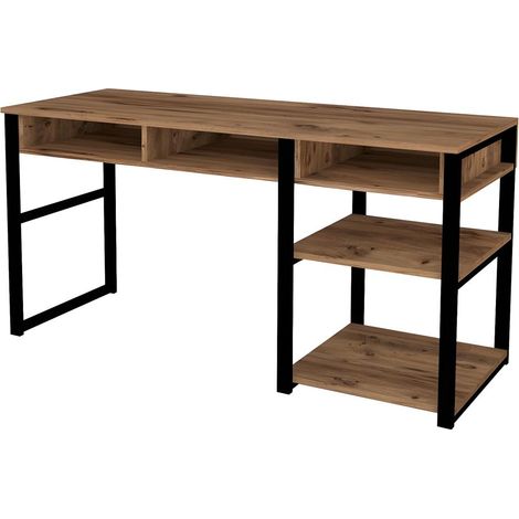 Vente-Unique – Bureau droit en aggloméré mélaminé et métal – Longueur 150 cm, Hauteur 75,8 cm – Rangement intégré pour livres et fournitures – Couleur noyer (1/10)