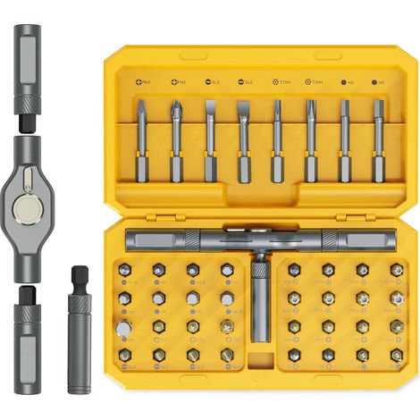 Jeu de Tournevis à Cliquet, 42 en 1 Jeu de Tournevis Magnétiques Multi-Embouts avec 40 Embouts, Poignée à Cliquet en T Amovible, Magnétiseur, Mini Kit d'Outils de Réparation pour Entretien-Jaune (1/5)