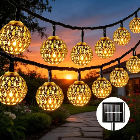 Guirlande Lumineuse Exterieure Solaire Blanc Chaud, IP65 Étanche LED Guirlande Guinguette Exterieur, 8 Modi Doré Marocaine Guirlande Lumineuse Globe für Jardin Garten Terrasse Party - 7M 50LED (1/5)