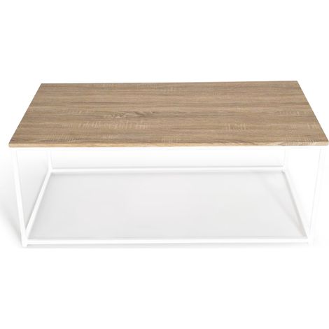 Idmarket – Table basse rectangulaire 113 cm – Bois et métal blanc – Style industriel – Plateau épais 15 mm – Pieds métalliques robustes 16 mm