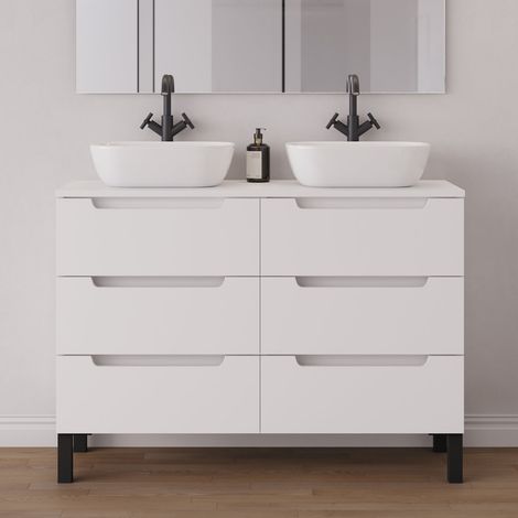 Meuble de salle de bain 120cm avec plateau et 2 vasques à poser arrondies - 6 tiroirs - sans miroir - blanc mat - RIZA (1/5)