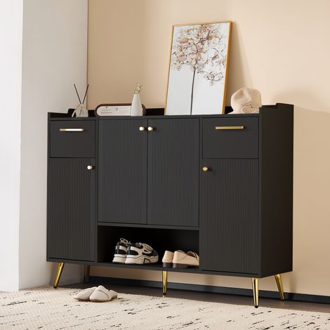 Meuble à Chaussures Noir 130×37×100cm – 2 Tiroirs + 4 Portes + Étagère Ouverte, Pieds Métal Hauts, Design Moderne (1/5)