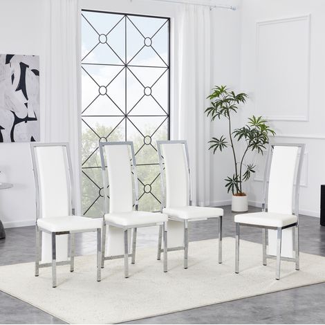 Silla de comedor de metal y PU blanco y plata, pack de 4, respaldo alto acolchado,44×42.7×109cm (1/5)