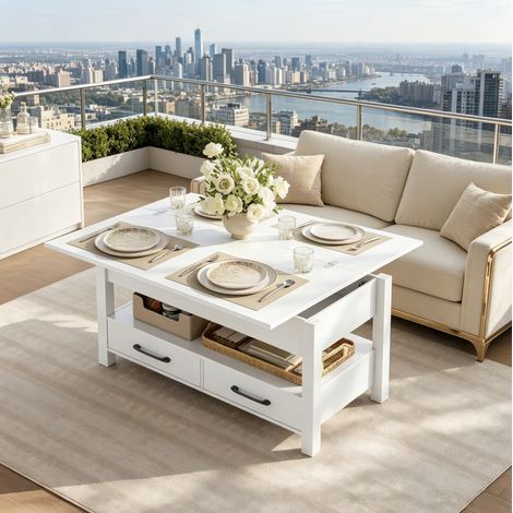 Höhenverstellbarer ausziehbarer Couchtisch 100 x 50,5 x 53 cm mit Stauraum weiß OKMYHOME (1/5)