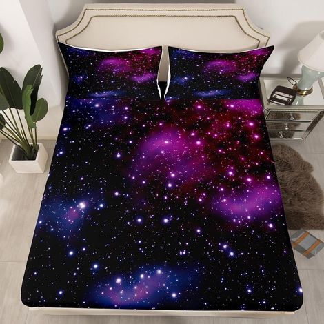 Drap Housse 90x190 Série Galaxie 1 Personne, Drap-Housse Motif Ciel Étoilé Violet pour Enfants Garçons Filles, Drap de Lit Nébuleuse de l'univers, Parure de Lit Galaxie Imprimée (1/4)