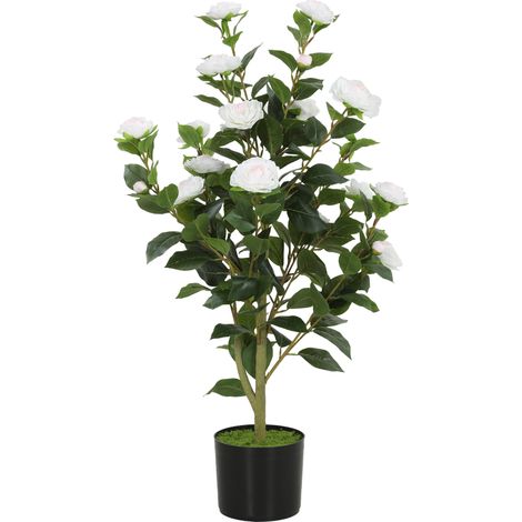 Pianta Finta di Camelia con Fiori Realistici, 176 Foglie in PEVA e Vaso Nero in PP Riempito in Cemento, Bianco
