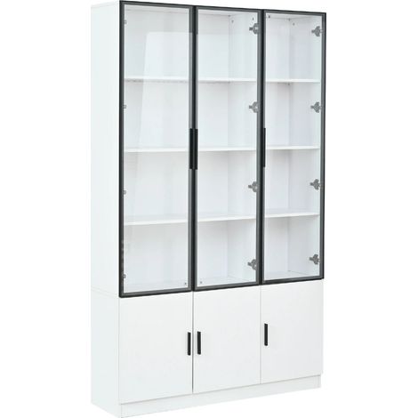 Vitrine blanche, 120x32x200 cm, 6 portes, éclairage LED, armoire haute multifonction pour salon ou rangement (1/4)