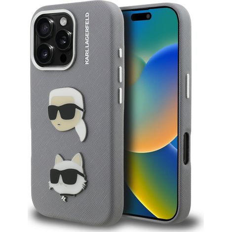 Custodia per iPhone 16 Pro grigia con stampa Karl Lagerfeld FW e teste di Karl & Choupette. (1/5)
