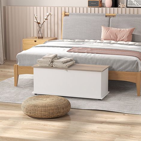 Cassapanca con coperchio, portata massima 120 kg, per camera da letto/soggiorno, 100x40x40 cm, colore naturale e bianco.