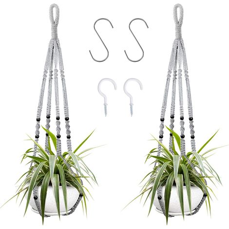 Suspension pour plantes d'intérieur en corde de coton grise, 98 cm, avec perles en bois, pour décoration intérieure, sans crochets, 2 paires (1/5)