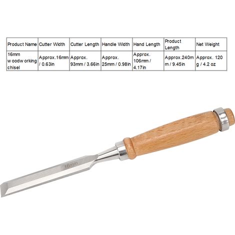 Outil de menuisier ciseau plat manche en bois outil à main accessoire de quincaillerie robuste acier CrV 16 mm (1/5)