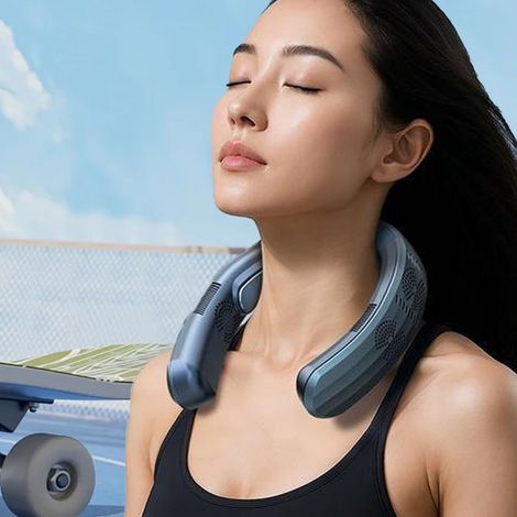 Ventilatore da collo portatile e reversibile con 3 velocità, tecnologia a semiconduttore, silenzioso, leggero, batteria da 10000 mAh, ABS PP, 789 g, nero lucido, ideale per la spiaggia e il campeggio. (1/4)
