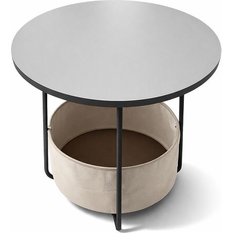 Table d'appoint Ronde, avec Panier en Tissu, H x D 50 x 45 cm, Salon, MDF et métal, Gris-crème (1/5)