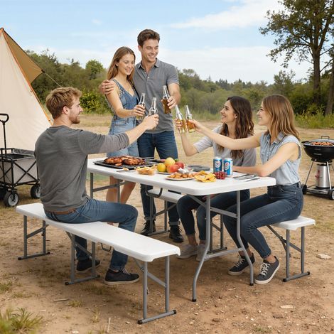 Conjunto de Camping Plegable de Mesa y Bancos Asas para Exterior 180x74x74 cm y 182x28x42 cm Blanco (1/5)