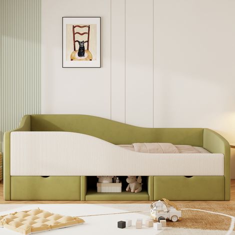 Cama infantil 90x190 cm verde y marfil tapizada, con 2 cajones y barandillas (1/5)