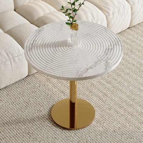 Table à manger ronde 80 cm,plateau en MDF avec motif anneaux de croissance, aspect marbre blanc, structure en métal (1/5)