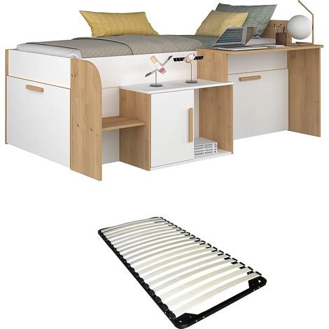 Vente-Unique – Lit combiné 90 x 200 cm avec bureau et rangements – 2 tiroirs et 1 niche – Panneau de particule mélaminé – Éco-responsable fabriqué en Europe (1/5)