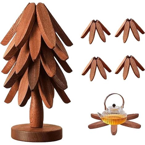 Dessous de Plat Bois, Arbre Design Tapis de Casserole Chaud, 5 sous-Verres, Coussinets Pliables en Forme d'arbre Naturel Résistants à la Chaleur pour Casseroles et Plats Chauds (Jaune) (1/5)