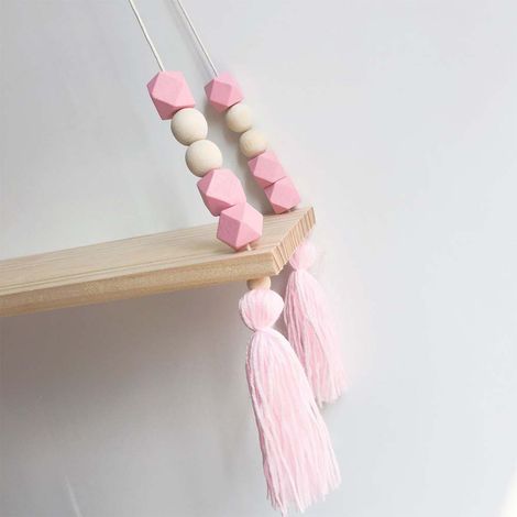 Étagère murale octogonale à pompons en bois massif de style nordique, rose (1/5)