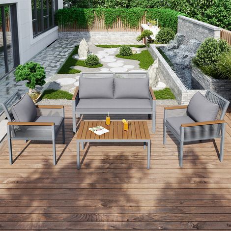 Garden Lounge Set, Garden Furniture Set with Comfortable Cushions, Double Sofa, 2 Armchairs and Table, Outdoor, Rattan, Table and Chairs, Grey