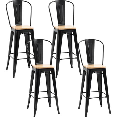 Homcom – Lot de 4 tabourets de bar industriel – Dossier ergonomique et repose-pied – Hauteur assise 76 cm – Métal et panneaux multicouches imitation bois clair