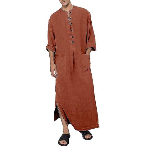 Herren-Kaftan mit V-Ausschnitt und langen Ärmeln, lange Herren-Thobe mit Knöpfen, Herren-Baumwollhose mit Seitenschlitzen und Taschen – Größe M – Braun