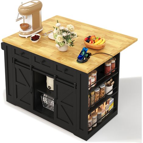 Küchenwagen mit 3 Schubladen, Verstellbaren Böden, Steckdosen und Rollen, MDF Schwarz Natur, 130 x 50 (80) x 87 cm (1/5)