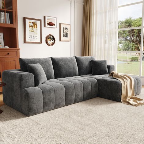Divano angolare modulare in tessuto felpa (chenille) grigio, senza struttura, 244,5 x 136 x 79 cm, 3-4 posti con 2 cuscini (1/5)