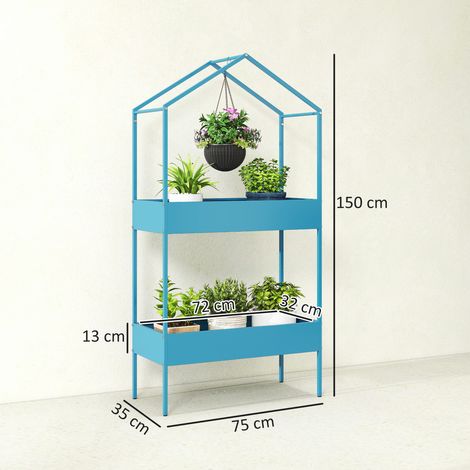 Étagère à plantes 2 niveaux support métal crochet forme maison bleu-vert (1/5)