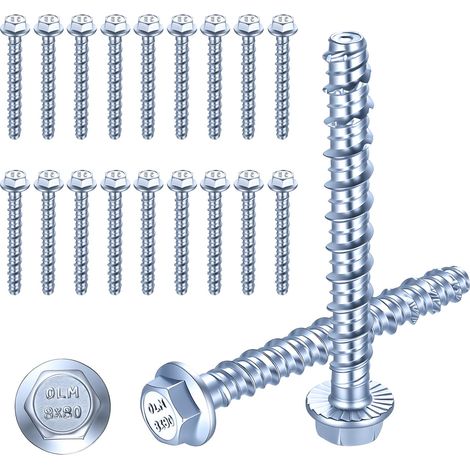 20 Pièces Vis à Béton M8 x 80 mm, Vis Beton sans Cheville Betons, Vis à Béton à Tête Hexagonale sans Chevilles, Ancrages pour fixation sur maçonnerie, marbre, pierre, bois (1/5)