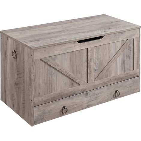 Kura - Coffre de rangement 100 x 50 x 40 cm avec charnières de sécurité et tiroirs en bois de style industriel (1/5)
