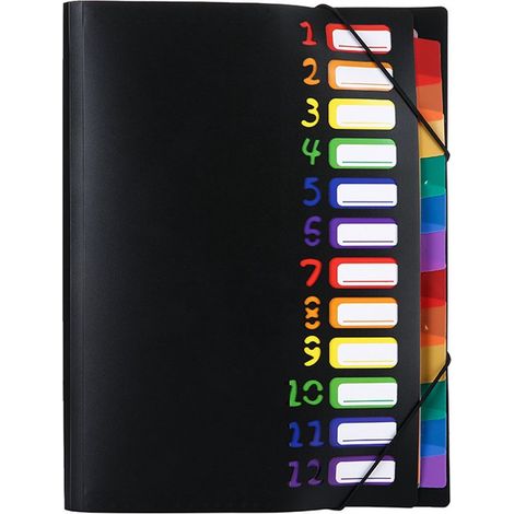 Lot de 2 chemises de bureau A4, chemises pliantes à 12 compartiments, rangement de documents administratifs avec élastique pour documents de bureau, devoirs scolaires, noir (1/5)