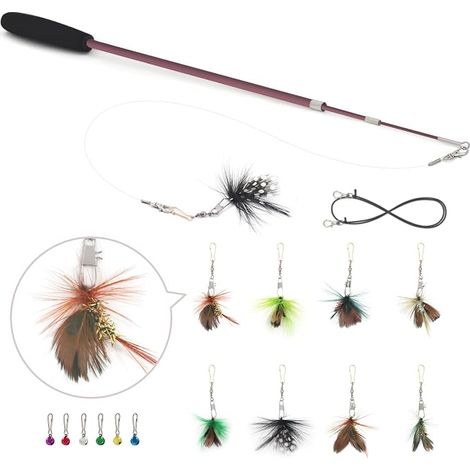 Cat Feather Toy Retractable Fishing Rod Toy Wand Sticks with Insect Feathers Replacement with Bells Interactive Toy for Indoor Cats and Kittens (1/4)