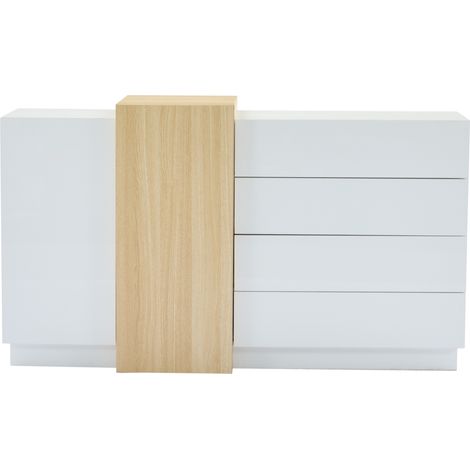Buffet moderne en MDF blanc laqué brillant avec 4 tiroirs et 2 portes, 140 cm, décor bois naturel (1/5)
