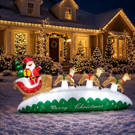 Grand Père Noël gonflable avec traîneau et 3 rennes, 3 m, Décoration lumineuse pour jardin et extérieur (1/5)