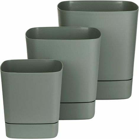 Set aus CUBI Blumentöpfen mit Untersetzern, Recycling, graugrün, 3-teilig.