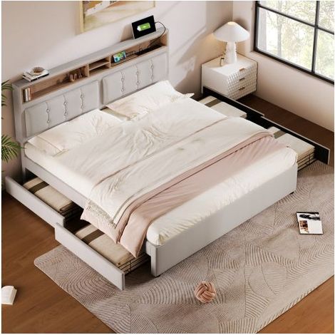 Lit coffre - SOGEU - 140x200 - 4 tiroirs sur roulettes - Tête de lit réglable avec étagères - Prises USB/Type-C (1/5)