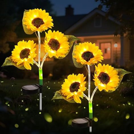 Lot de 2 lampes solaires fleurs extérieur jardin, IP65 étanche tournesol solaire, 60 LED accessoires jardin, décor solaire pour allée tombe balcon (1/5)