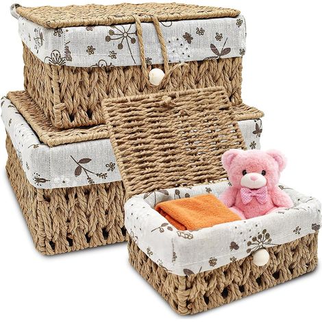 3-teiliges Aufbewahrungskorb-Set aus Weide mit Deckel, stapelbare, geflochtene Aufbewahrungskörbe mit Futter, Rattanbox für Küche, Regale, Badezimmer, Wohnaccessoires (1/5)