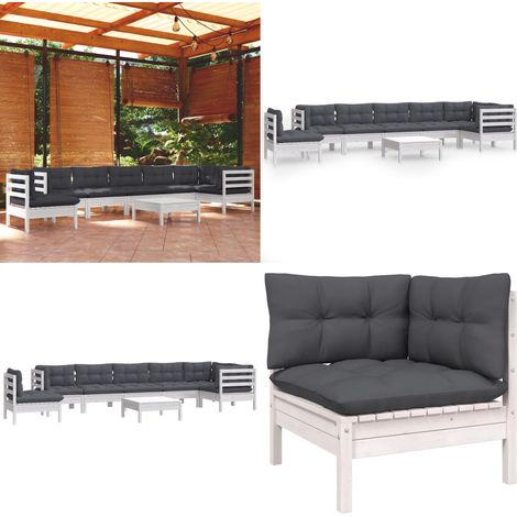 9-tlg. Garten-Lounge-Set mit Kissen Weiß Kiefer Massivholz - Garten Lounge Set - Kiefernholzmöbel - Outdoor Möbel - Gartenmöbel - Loungemöbel - Home & Living (1/5)