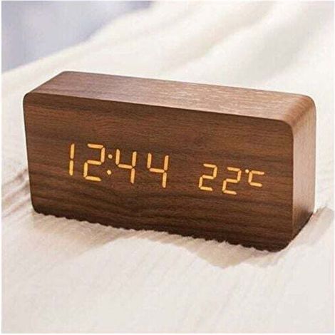 Réveil moderne en bois – Réveil numérique LED en bois, horloge de table avec affichage de la date, de la température et de l'humidité, format 12/24 heures – Pour la maison, la chambre, le bureau (Marr (1/4)