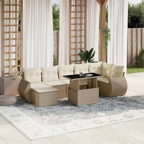 Ensemble de jardin 8 places en résine tressée beige avec coussins lavables - Table extensible verre trempé - Salon extérieur modulaire (1/5)