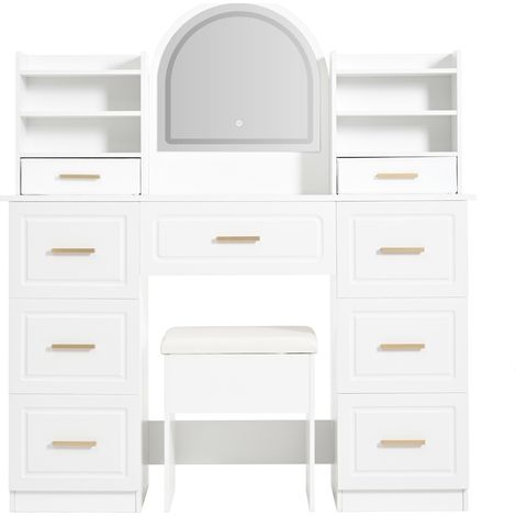 Coiffeuse blanche avec miroir et éclairage LED, 9 tiroirs, 120x40x135 cm, pour salon et chambre (1/5)