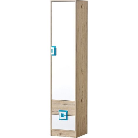 Estantería Tolfere 104, Roble claro + Blanco + Turquesa, Cerrable, Con cajones, Con puertas, Aglomerado laminado, Número de puertas: 1, Número de cajones: 2, 190x40x40cm (1/4)