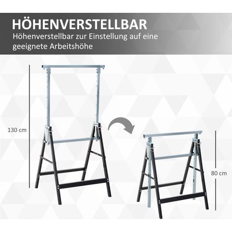 Lot de 2 tréteaux de chantier pliables, capacité de charge max 200 kg, hauteur ajustable 80-130 cm, support en acier noir