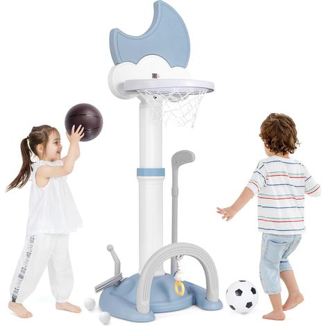 COSTWAY 4 en 1 Panier de Basket Enfant en Forme Lune avec Hauteur Réglable, Aire de Jeu Sportive avec Football, Golf et Jeu de Anneaux, Tableau d’Affichage pour Enfant de 3 Ans+ (Bleu)