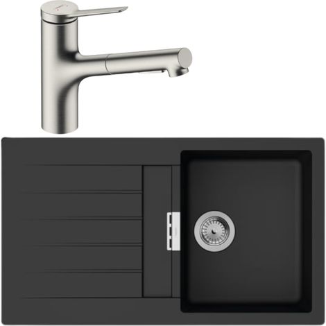 Evier 1 bac 840 HANSGROHE S52 synthèse noir + robinet de cuisine avec douchette HANSGROHE Zesis M33 150 2 jets aspect acier inox