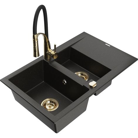 Mexen Gaspar évier en granit 1,5 bacs avec égouttoir et robinet de cuisine Aster, noir/or métallique - 6507-75-73450-57-G (1/5)